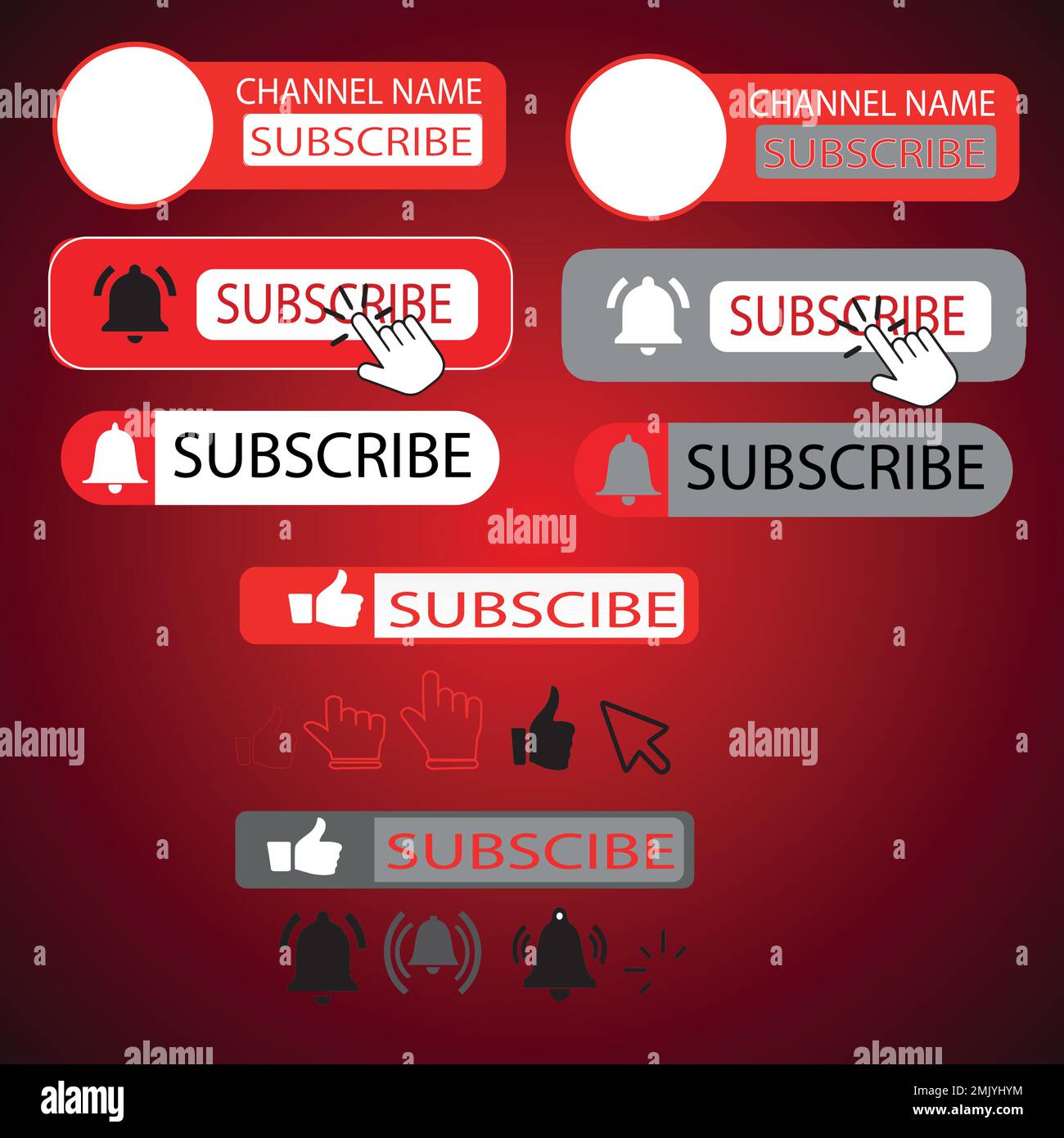 S'abonner, bouton de cloche et curseur à main. Le bouton rouge permet de s'abonner à la chaîne et au blog. Contexte des médias sociaux. Marketing. Illustration vectorielle. Illustration de Vecteur