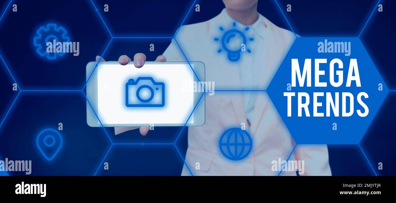 Légende présentant Mega Trends. Idée d'entreprise des phénomènes puissants ayant un impact sur les fondations de notre monde Banque D'Images