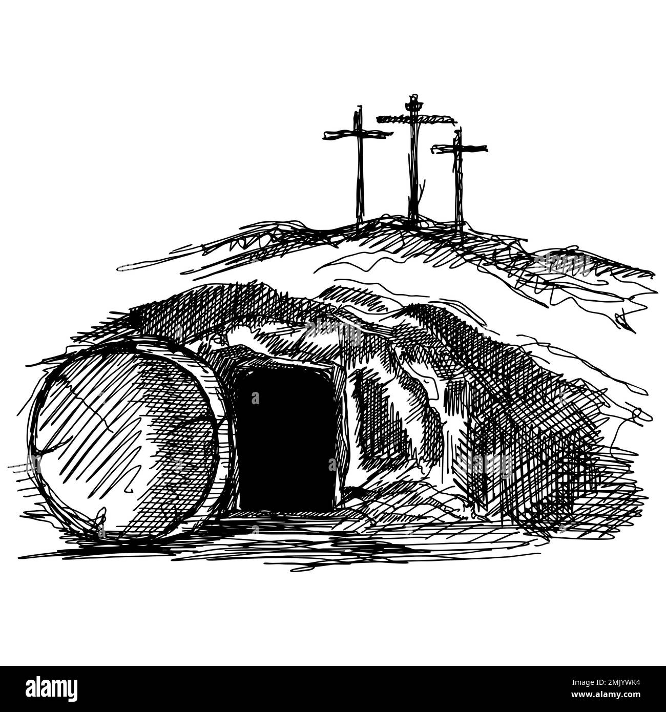 Illustration vectorielle dessinée à la main pour Pâques. Le tombeau vide après la résurrection de Jésus-Christ. Illustration de Vecteur
