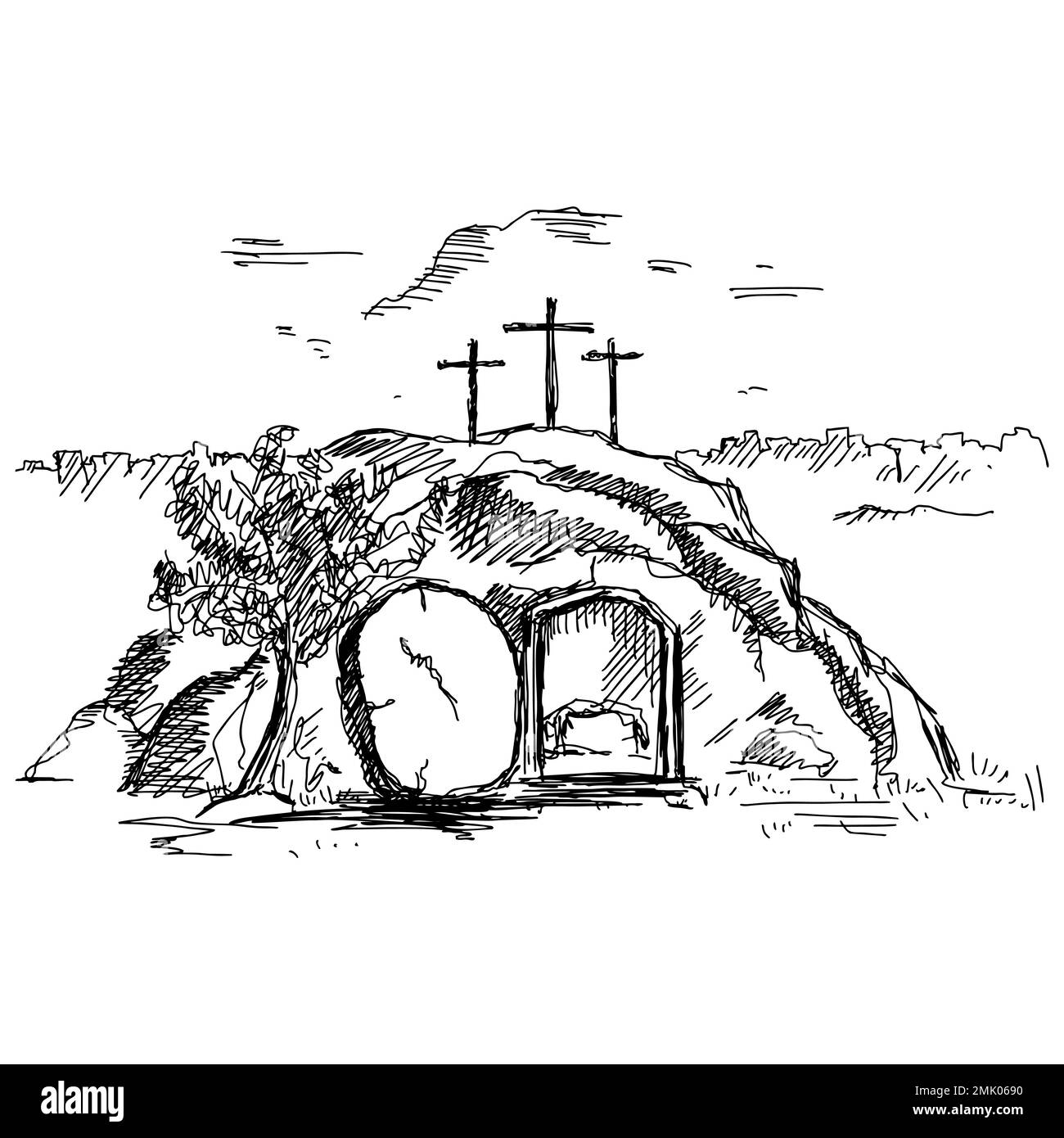Illustration vectorielle dessinée à la main pour Pâques. Le tombeau vide après la résurrection de Jésus-Christ. Illustration de Vecteur