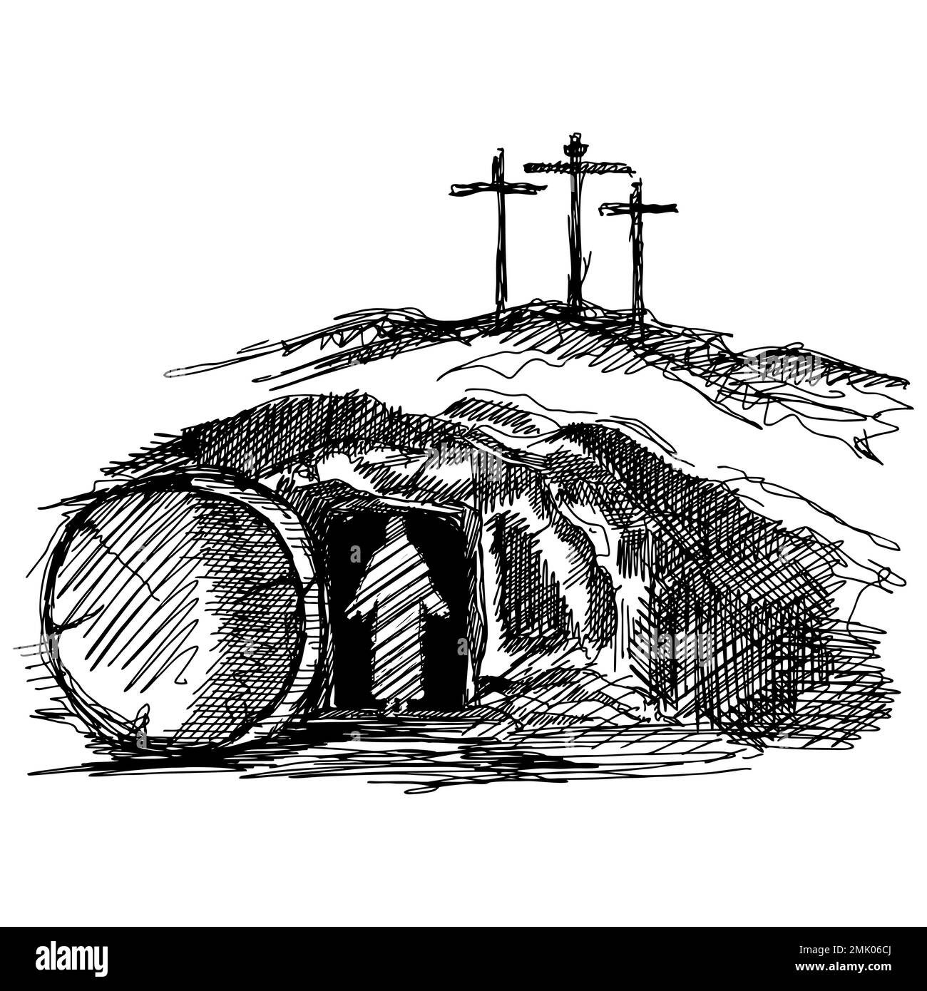 Illustration vectorielle dessinée à la main pour Pâques. Jésus Christ ressuscité est sorti de la tombe vide. Illustration de Vecteur