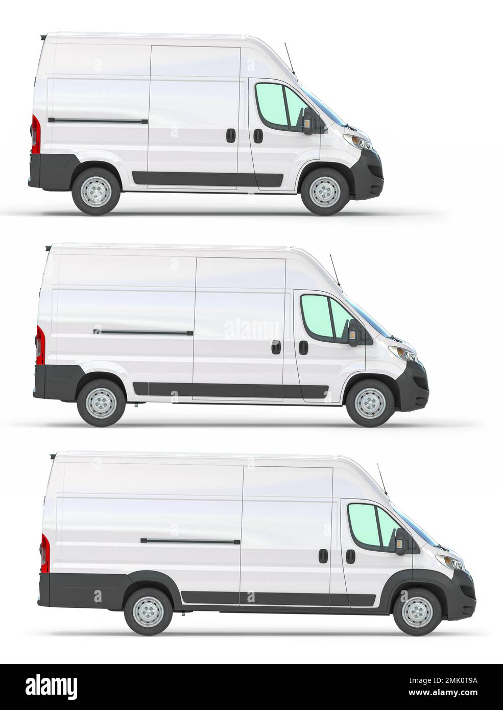 Fourgonnettes de livraison de différentes tailles et longueurs isolées sur blanc. 3d illustration Banque D'Images