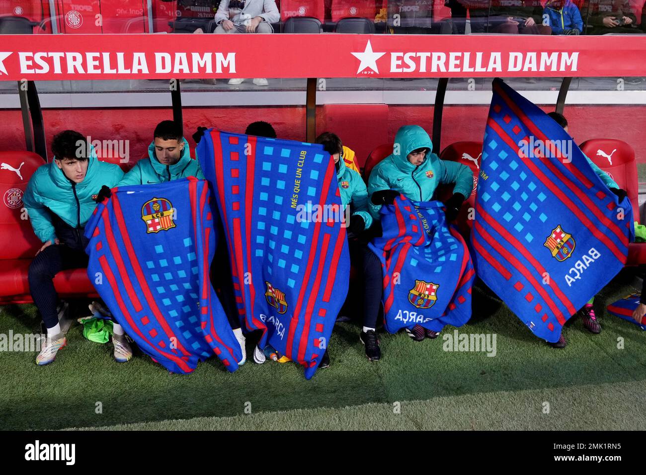 Les joueurs du FC Barcelone lors du match de la Liga entre Gérone le FC et le FC Barcelone ont joué au stade Montilivi sur 28 janvier 2023 à Gérone, en Espagne. (Photo de Sergio Ruiz / PRESSIN) Banque D'Images