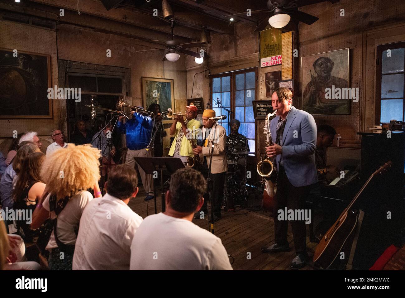 Ronell Johnson, from left, Branden Lewis, Charlie Gabriel and Clint Maedgen of the Preservation Hall Jazz Band performs at Preservation Hall's 15th annual Midnight Preserves at Preservation Hall on Sunday, April 28, 2019, in New Orleans. (Photo by Amy Harris/Invision/AP) Banque D'Images