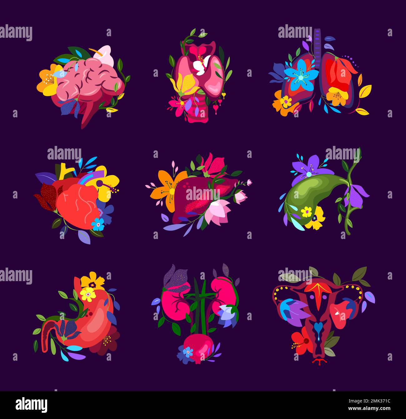 Beau ensemble fleuri de différents organes humains.cerveau, thyroïde,poumons,coeur,foie,estomac,reins,utérus dans fleurs.Anatomie interne florale.Hea brillant Banque D'Images