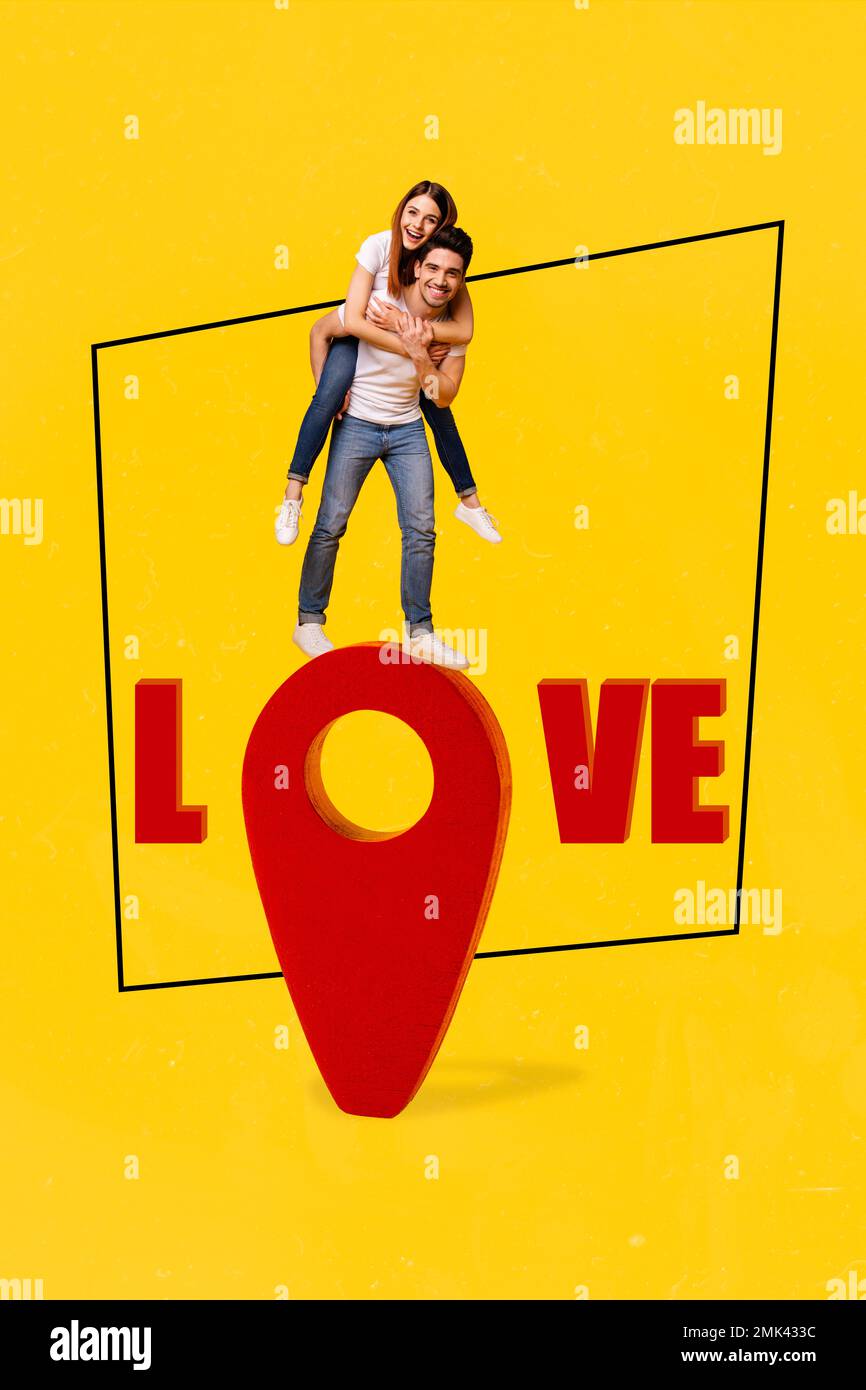 Affiche verticale photo collage de jeunes étudiants couple anniversaire de mariage piggyback beau voyage géotag point carte isolée sur fond jaune Banque D'Images