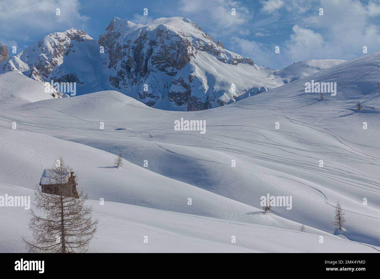 Traces de skieurs et de snowboardeurs sur des prairies enneigées blanches sous un mur rocailleux gelé Banque D'Images