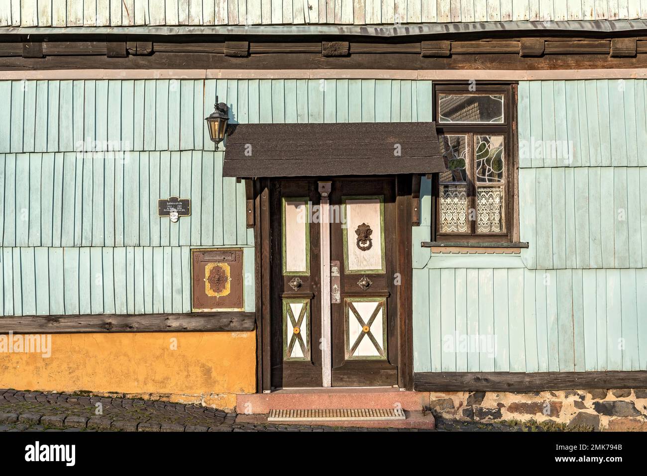 École historique avec façade en bois, Old Latin School, Birstein, Vogelsberg, main-Kinzig Kreis, Hesse, Allemagne Banque D'Images