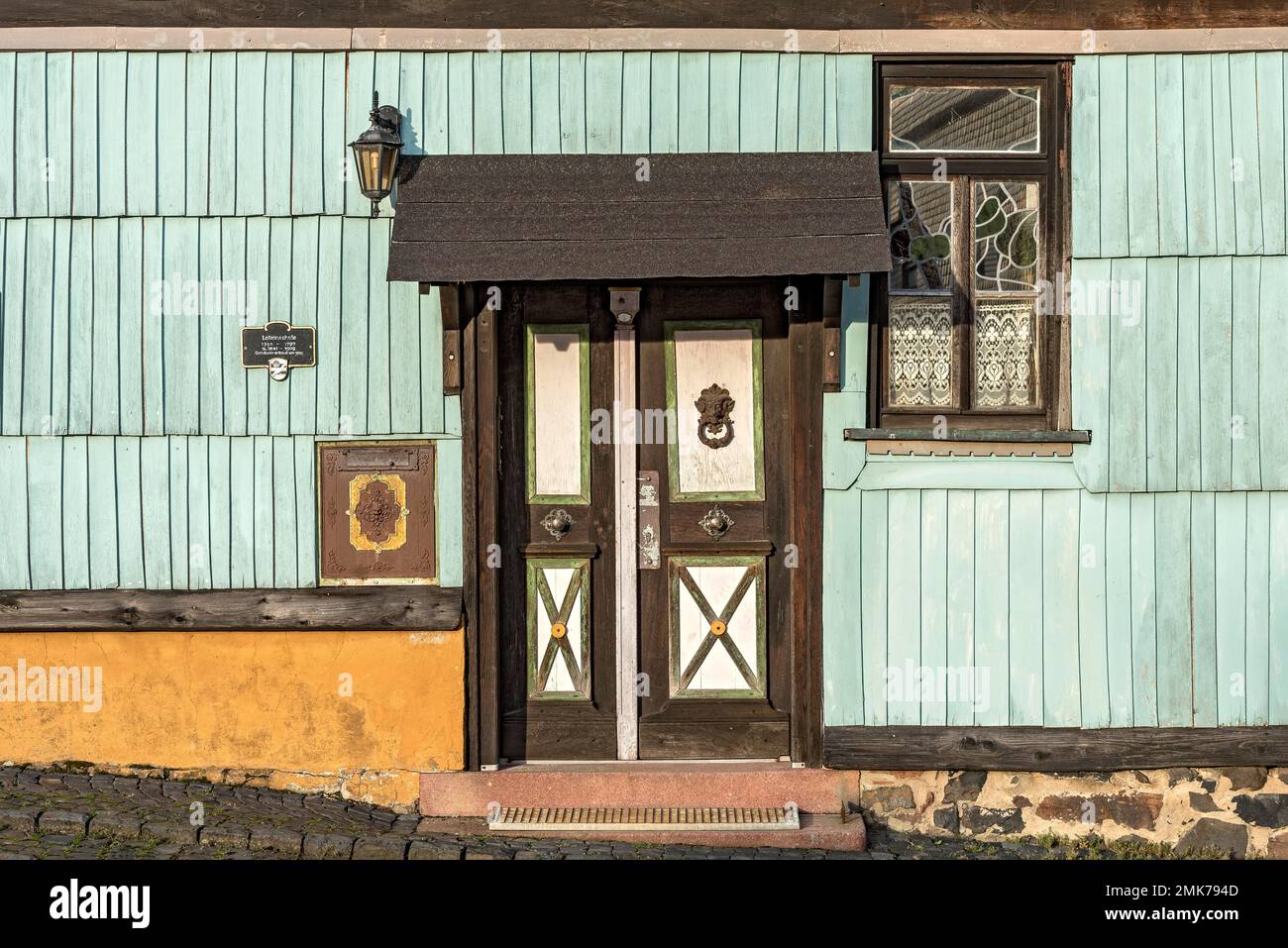 École historique avec façade en bois, Old Latin School, Birstein, Vogelsberg, main-Kinzig Kreis, Hesse, Allemagne Banque D'Images