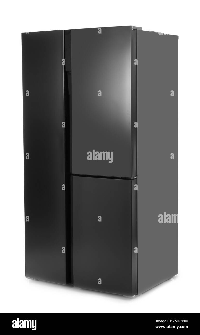 Réfrigérateur moderne en acier inoxydable isolé sur blanc Banque D'Images