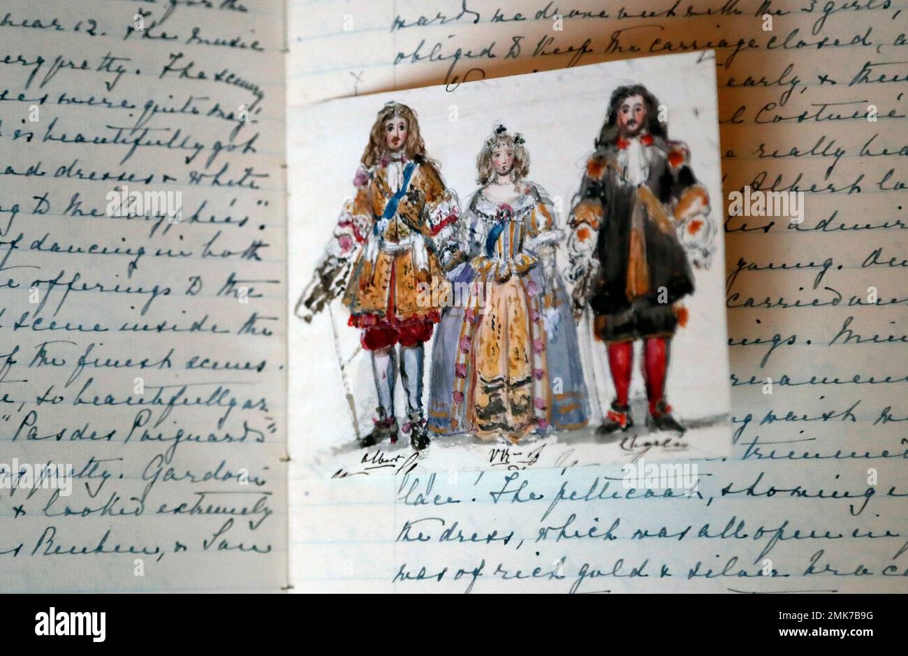 Queen Victoria's self-portrait sketch of herself, centre, and Prince Albert, left, at the Stuart Ball is part of an exhibition to mark the 200th anniversary of the birth of Queen Victoria (1819–1901) this year at Buckingham Palace in London, Tuesday, April 2, 2019. The exhibition, Queen Victoria's Palace at the Summer Opening of Buckingham Palace from 20 July – 29 September 2019, will tell the story of her 62-year reign and her life at Buckingham Palace, which began when she ascended to the throne in June 1837. (AP Photo/Frank Augstein) Banque D'Images