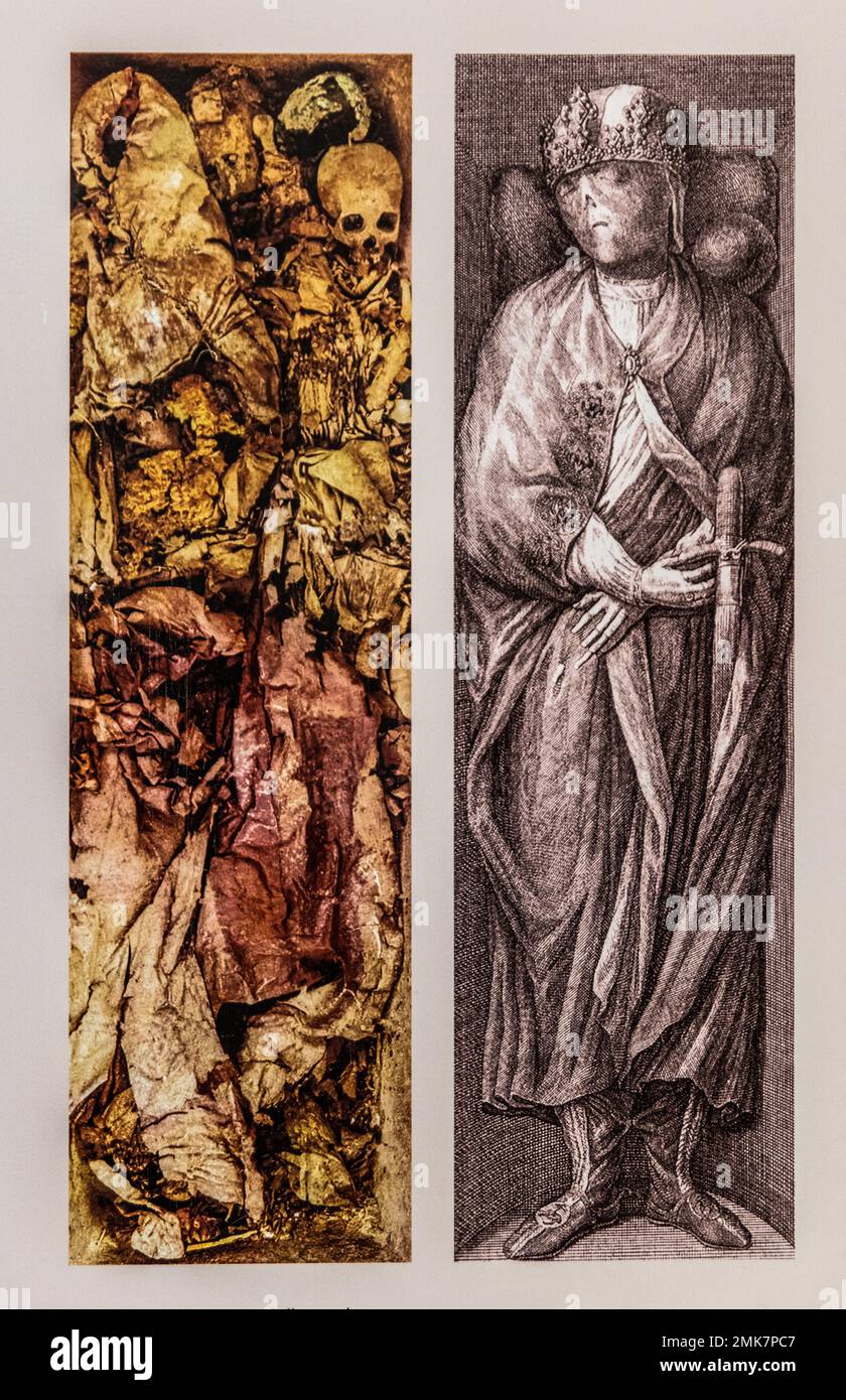 Découvertes et gravure du 18th siècle à l'ouverture du sarcophage de Frédéric II (mort en 1250), cathédrale Maria Santissima Assunta, Palerme Banque D'Images