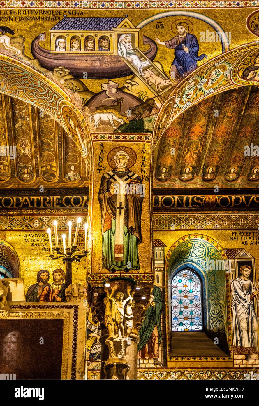 Noahs Ark, mosaïques d'or élaborées avec des épisodes de l'ancien et du Nouveau Testament, Palais Norman avec la Cappella Palatina, Palerme, Sicile, Palerme Banque D'Images