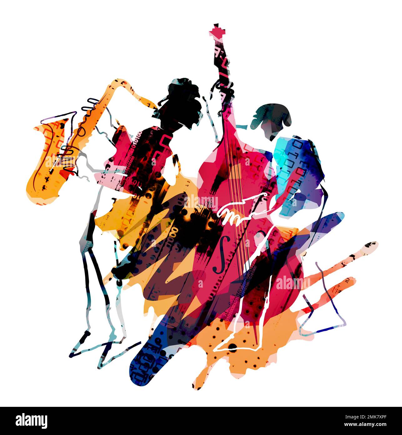 Thème jazz, musicien de lutte et saxophoniste. Expressif Illustration de deux musiciens de jazz. Isolé sur fond blanc. Banque D'Images