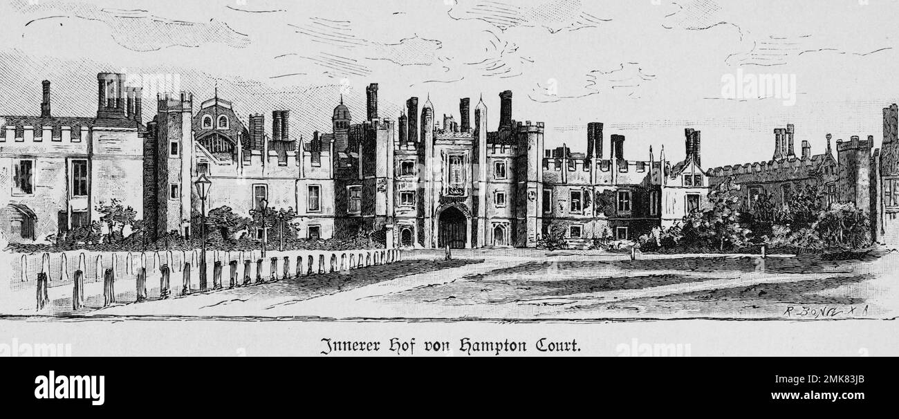 Cour, Hampton court Palace, ancien palais des rois anglais, Londres, illustration historique, gravure en bois, 19th siècle Banque D'Images