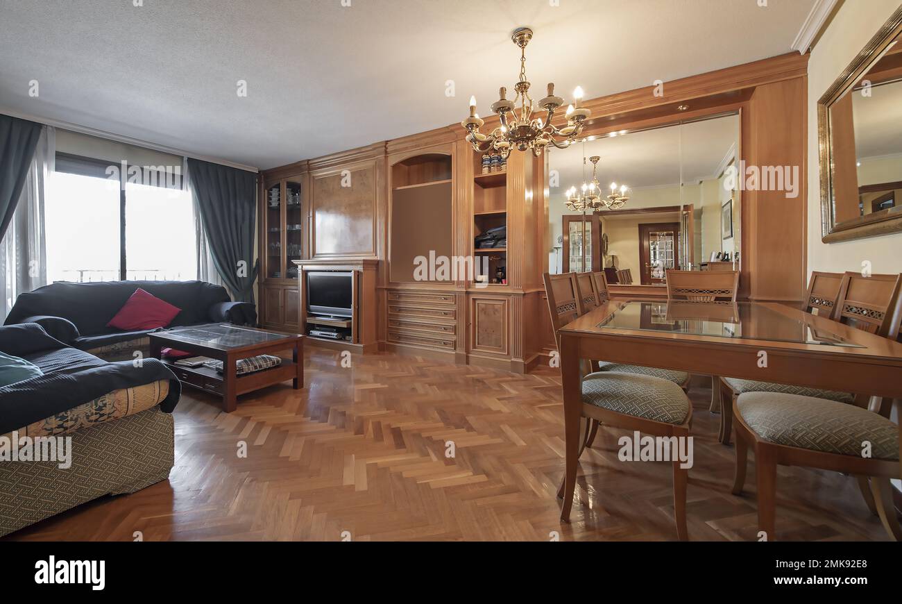 Salle à manger d'une maison avec une murale couvrant un mur avec une bibliothèque avec des panneaux de racines et d'autres avec des miroirs et une table en verre assortie Banque D'Images