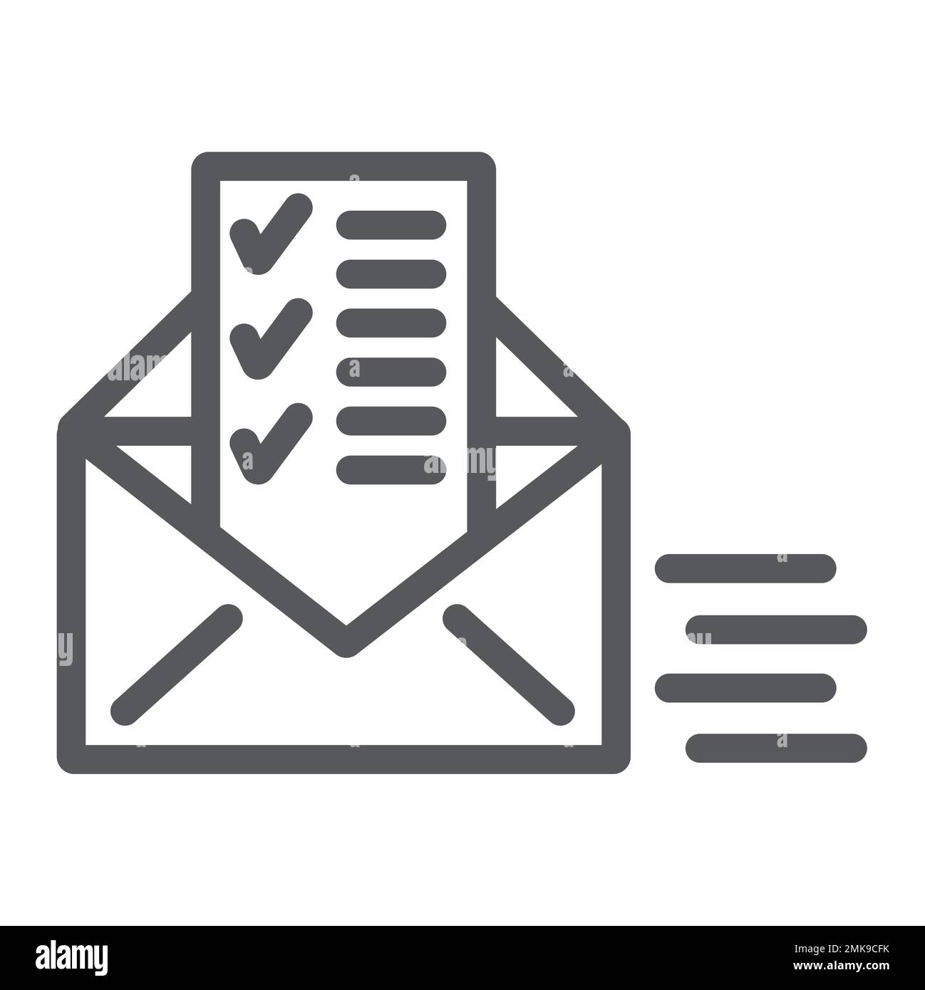 Icône de ligne de document envoyé, e-mail et e-mail, enveloppe avec signe de liste, graphiques vectoriels, motif linéaire sur fond blanc, eps 10. Illustration de Vecteur