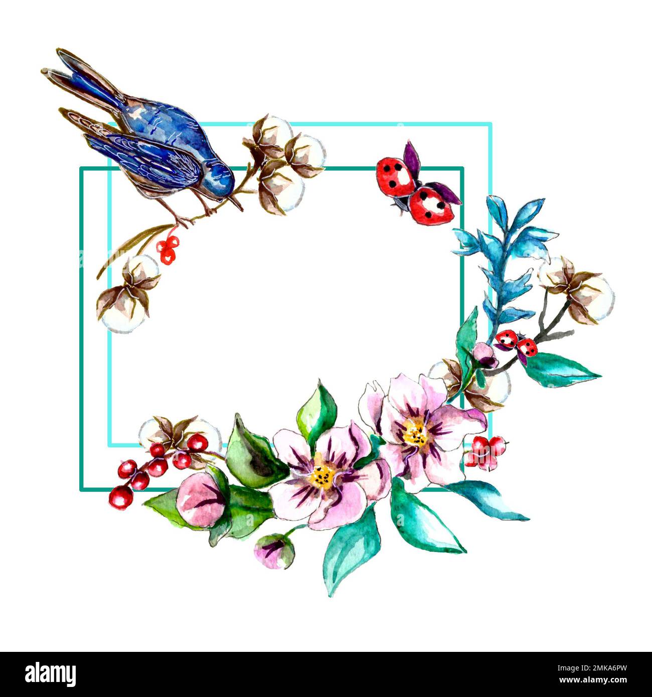 Cadre aquarelle de fleurs fleuries avec des oiseaux. Carte de vœux aquarelle, invitation à un mariage avec brunch oiseau et coton Banque D'Images