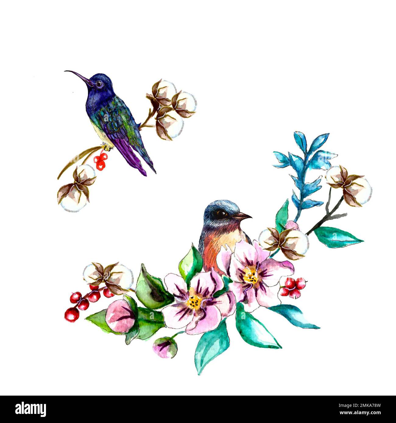 Aquarelle illustration à la main de fleurs fleuries avec des oiseaux. Bouquet d'aquarelle avec brunch oiseau et coton Banque D'Images