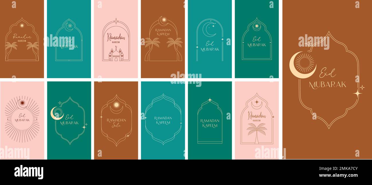 Collection de conception d'histoire, style linéaire minimaliste islamique Ramadan Kareem. Lune, dôme de la mosquée et lanternes. Illustrations minimalistes Illustration de Vecteur