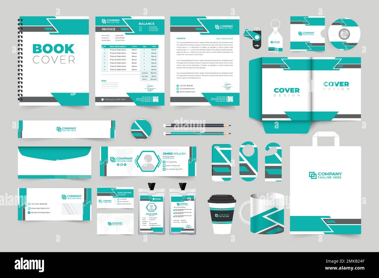 Identité de marque de l'entreprise et collection de modèles promotionnels avec couleur aqua. Papier à en-tête, facture et enveloppe d'affaires à des fins publicitaires. Corpo Illustration de Vecteur