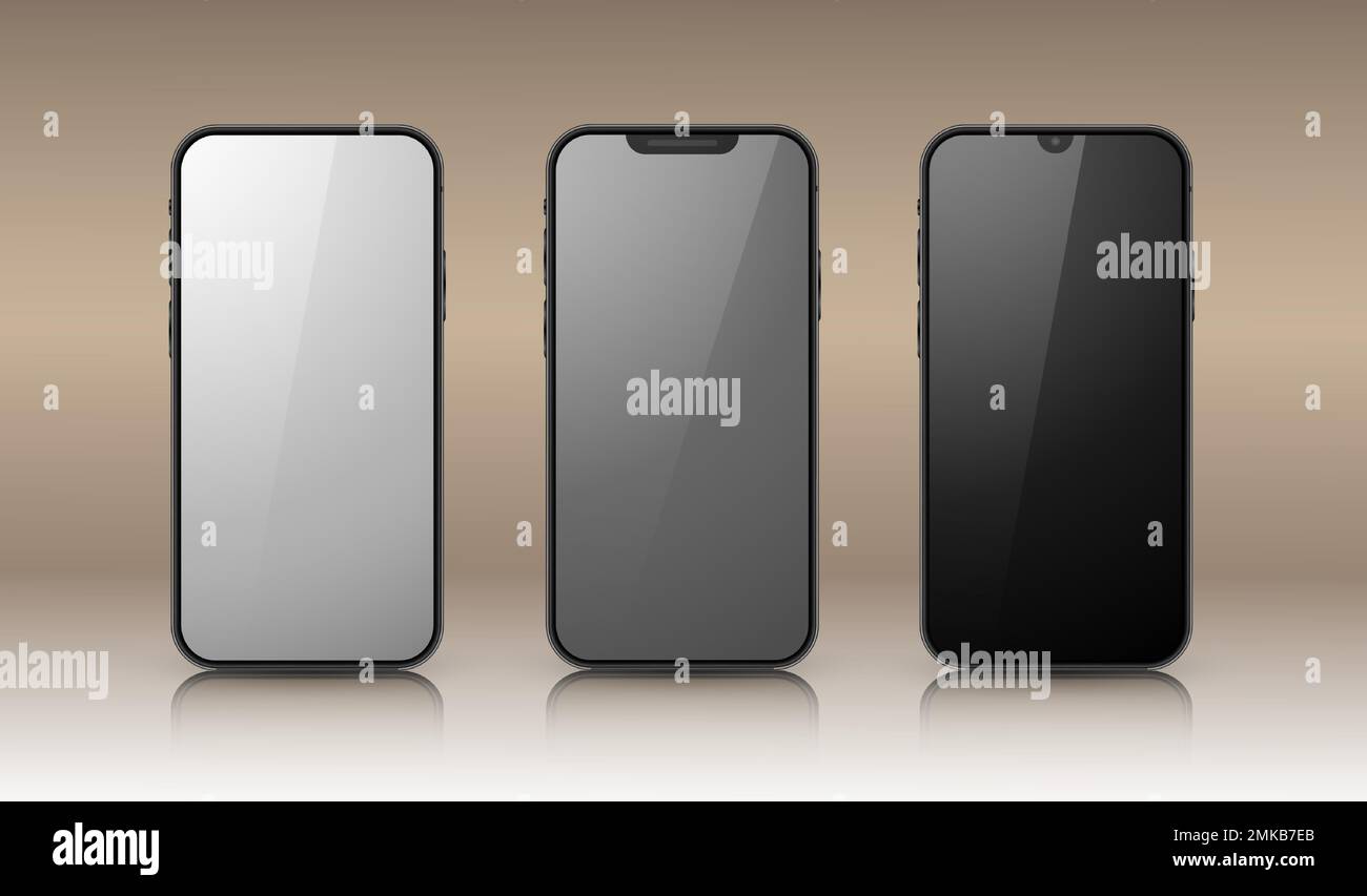 Un ensemble de trois smartphones sur fond beige. 3D modèles réalistes de téléphones mobiles avec ombres et lumières. Illustration de Vecteur