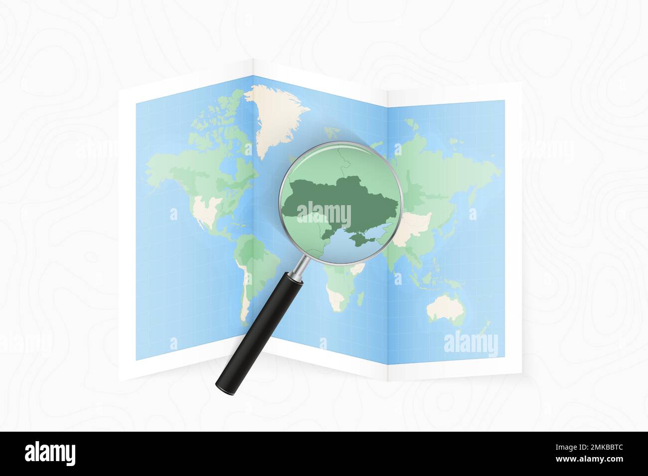 Agrandir l'Ukraine avec une loupe sur une carte pliée du monde. Carte de papier vectoriel. Illustration de Vecteur