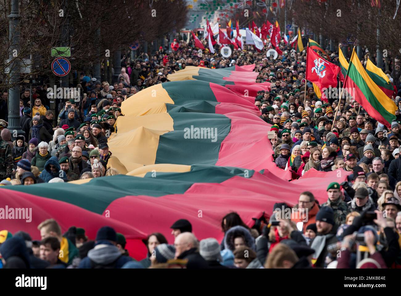 People carry a giant Lithuanian flag during a celebration of Lithuania's independence through the streets of Vilnius, Lithuania, Monday, March 11, 2019. Lithuania celebrated the 29th anniversary of its declaration of independence from the Soviet Union on Sunday, recalling the seminal events that set the Baltic nation on a path to freedom. (AP Photo/Mindaugas Kulbis) Banque D'Images