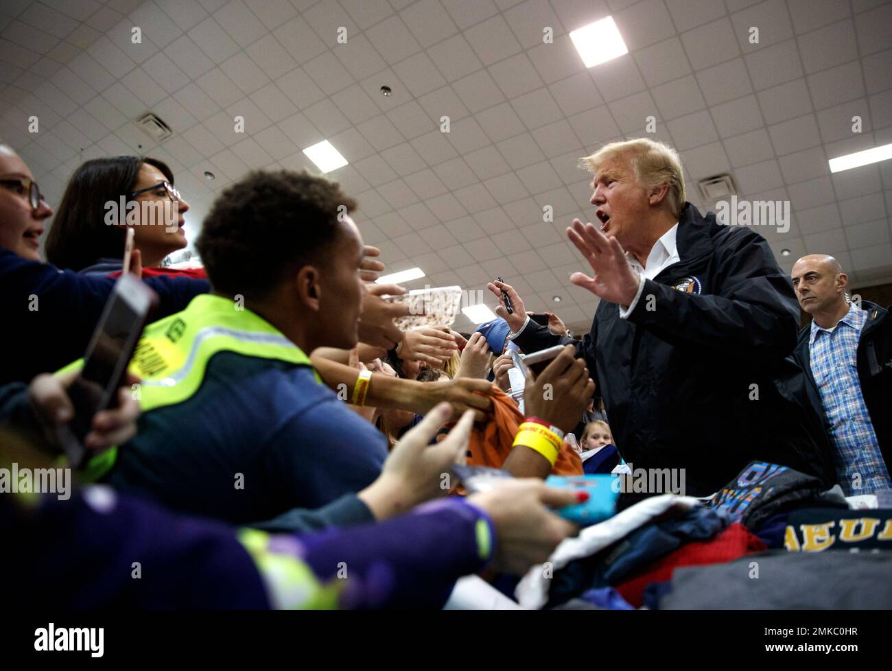 President Donald Trump speaks as he visits Providence Baptist Church in Smiths Station, Ala., Friday, March 8, 2019, as he and first lady Melania Trump travel to tour areas where tornados killed 23 people in Lee County, Ala. (AP Photo/Carolyn Kaster) Banque D'Images