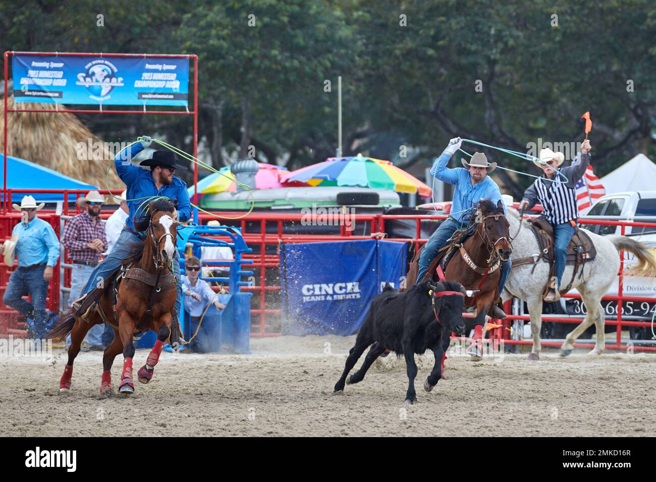 Homestead, Floride, États-Unis. 28th janvier 2023. 74th Rodeo de championnat annuel Homestead, présenté par Downrite Engineering et Spitzer Chrysler Dodge Jeep RAM de Homestead. Barrel Racing, Bull Riding, Tie Down Roping, Team Roping, Saddle Bronc Riding, Bareback Bronc Riding, Steer Wrestling, John Harrison Specialty Act, Homestead Everglades Posse Specialty Act. PRCA. Credit: Yaroslav Sabitov/YES Market Media/Alay Live News Banque D'Images