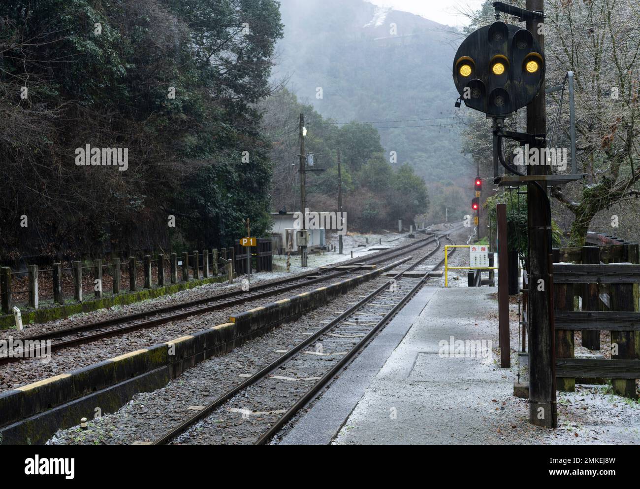 La plate-forme, les pistes et les signaux à la gare JR Shikoku Tsubojiri de Miyoshi, préfecture de Tokushima, Japon. Banque D'Images