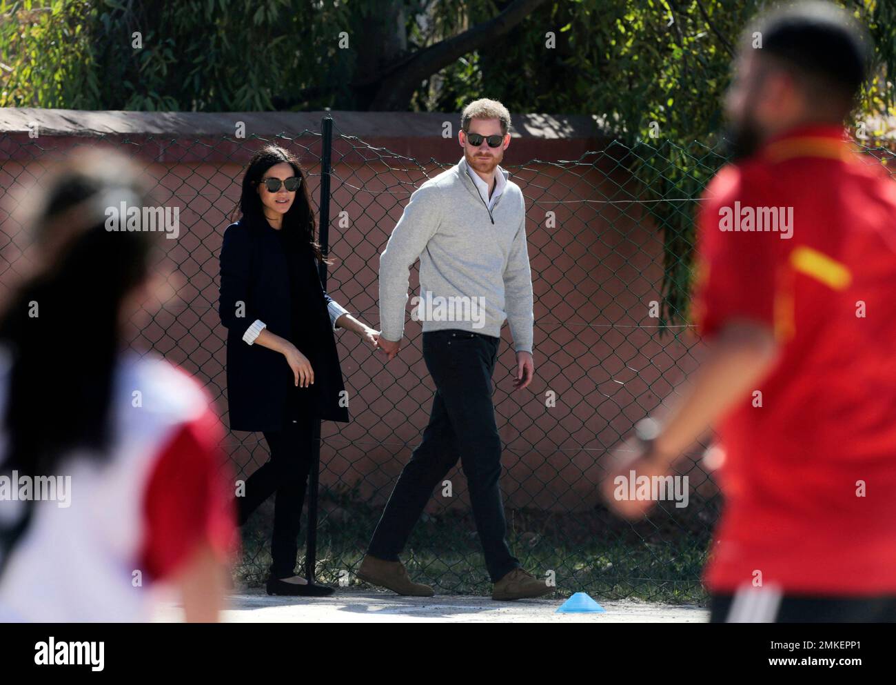 Britain's Prince Harry and Meghan, Duchess of Sussex visit the 'Education for All' boarding house in Asni Town in Morocco, Sunday, Feb. 24, 2019. The Duke and Duchess of Sussex are on a three day visit to the country. (AP Photo/Mosa'ab Elshamy) Banque D'Images