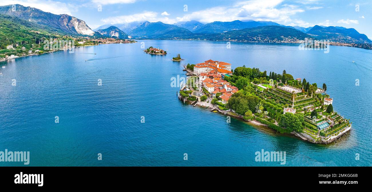 Vue aérienne d'Isola Bella, dans l'archipel d'Isole Borromée, au lac majeur, en Italie Banque D'Images
