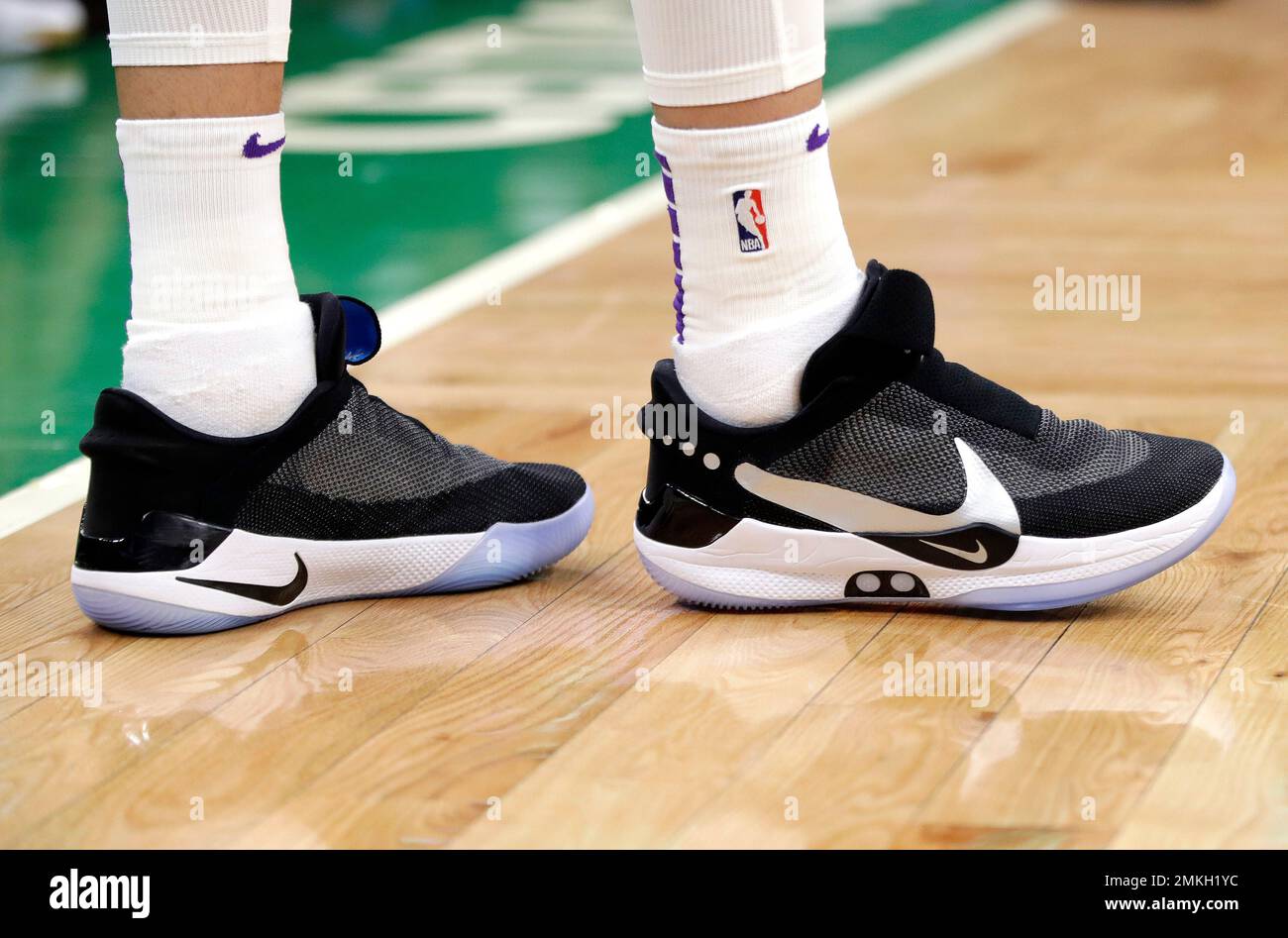 In this Feb. 7, 2019, photo, Los Angeles Lakers forward Kyle Kuzma stands  on the court during an NBA basketball game against the Boston Celtics in  Boston. He is wearing Nike's latest
