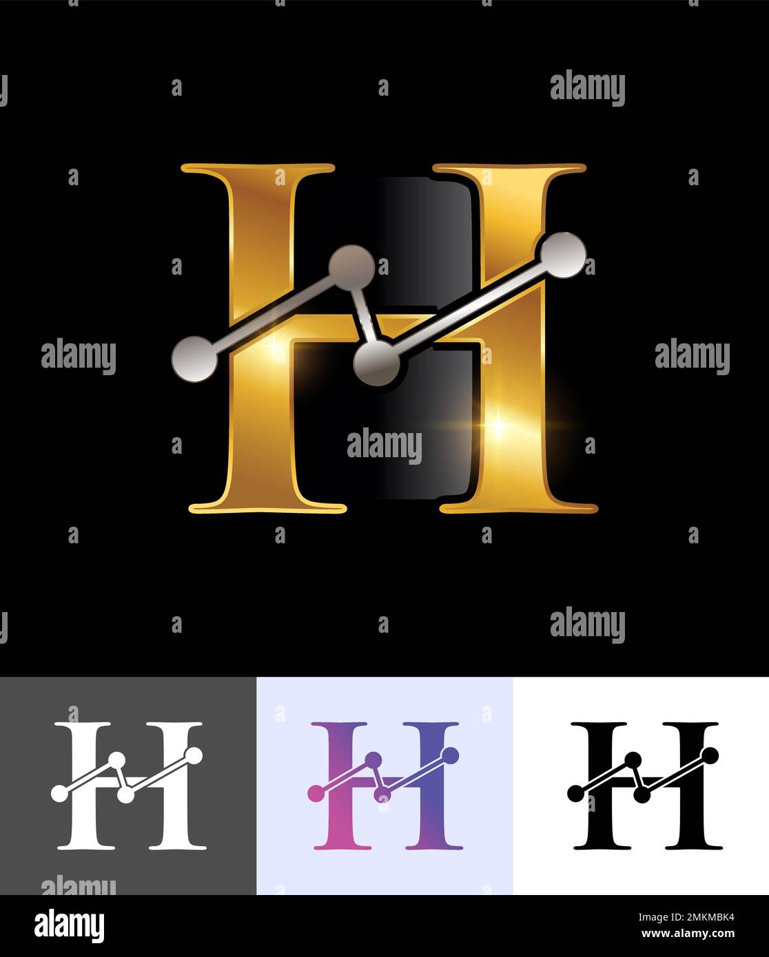 Un ensemble d'illustrations vectorielles de Golden Technology Monogram logo lettre H en arrière-gorge noir avec effet brillant or Illustration de Vecteur