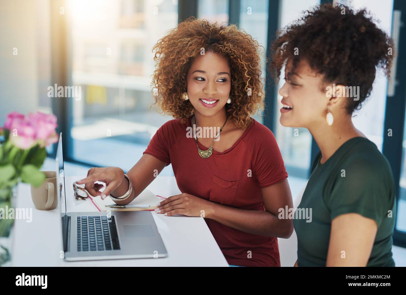 Le travail d'équipe favorise une façon de travailler plus autonome. deux jeunes concepteurs travaillant ensemble sur un ordinateur portable. Banque D'Images