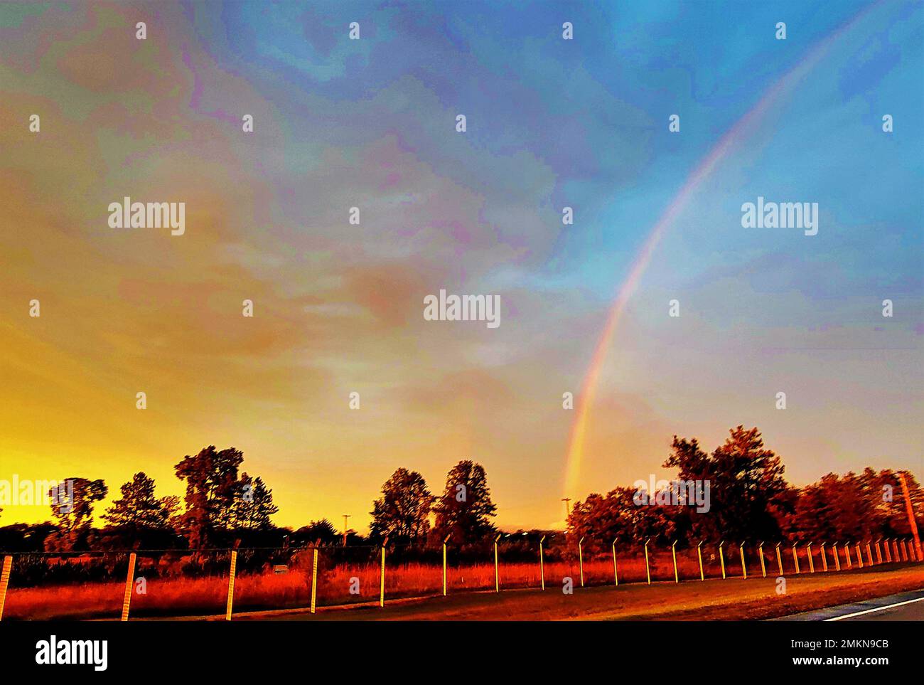 Le Ciel Est Bleu Comme Une Orange Un arc-en-ciel est montré le 10 septembre 2022, se formant au-dessus de  fort McCoy, dans le Wisconsin. L'arc-en-ciel est apparu comme le soleil  couchait et comme une douche de pluie passageuse se