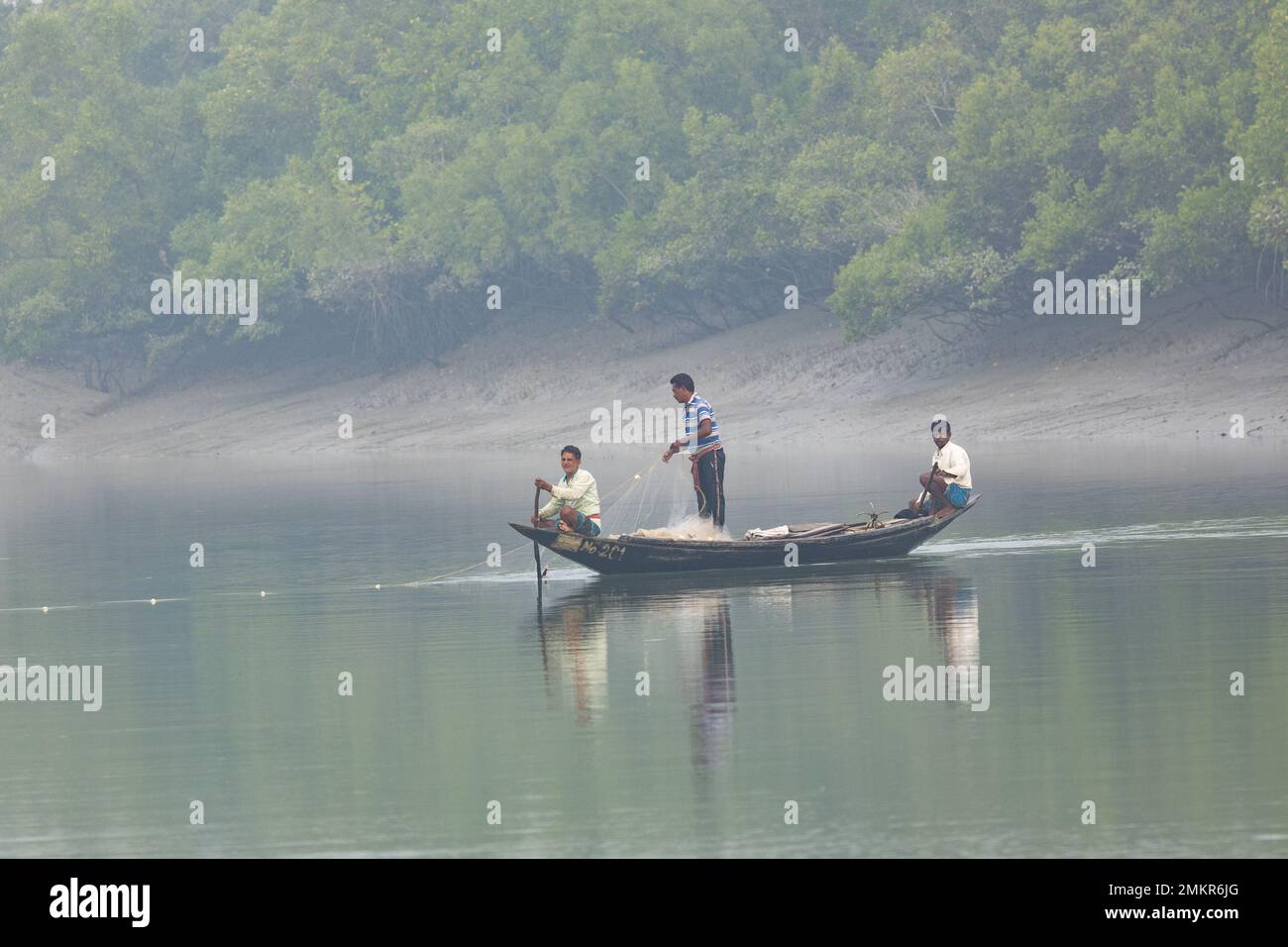 Pêcheurs pêchant à partir de leur bateau aux Sunderbans (Bengale-Occidental, Inde) Banque D'Images