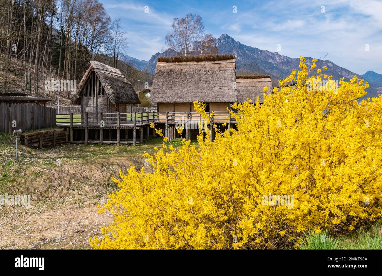 Maison en pilotis de l'âge de bronze (reconstruction) au musée de la Palafitte du lac Ledro. Molina di Ledro, Trento, Trentin-Haut-Adige, Italie Banque D'Images