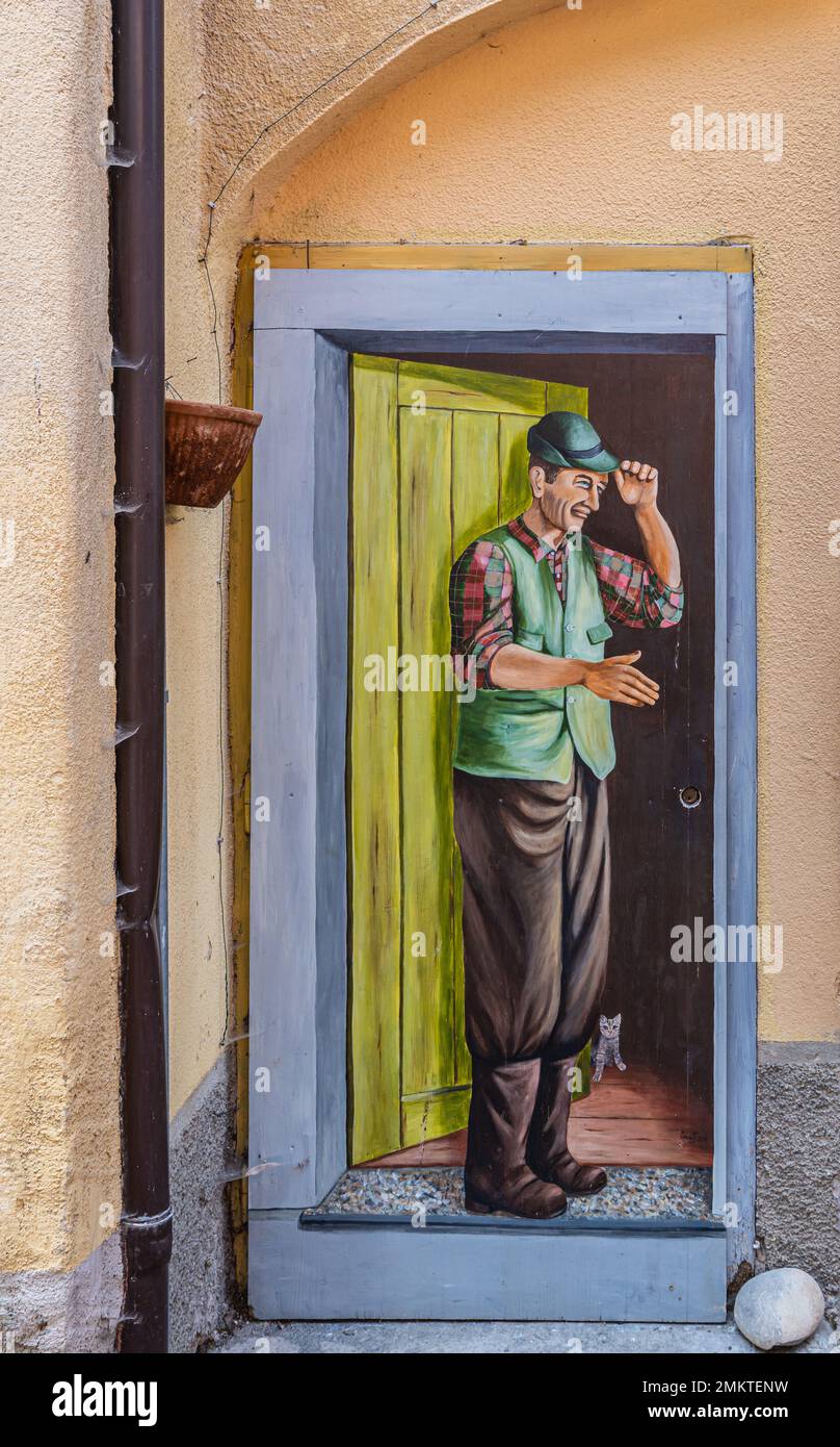 Murale sur le mur de la maison de Mezzolago Village près du lac Ledro dans la vallée de Ledro, province de trente, Trentin-Haut-Adige, Italie, Europe, Banque D'Images