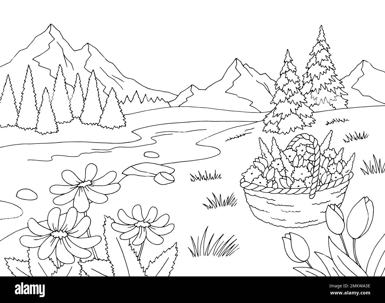 Mountain River graphique noir blanc paysage dessin illustration vecteur Illustration de Vecteur