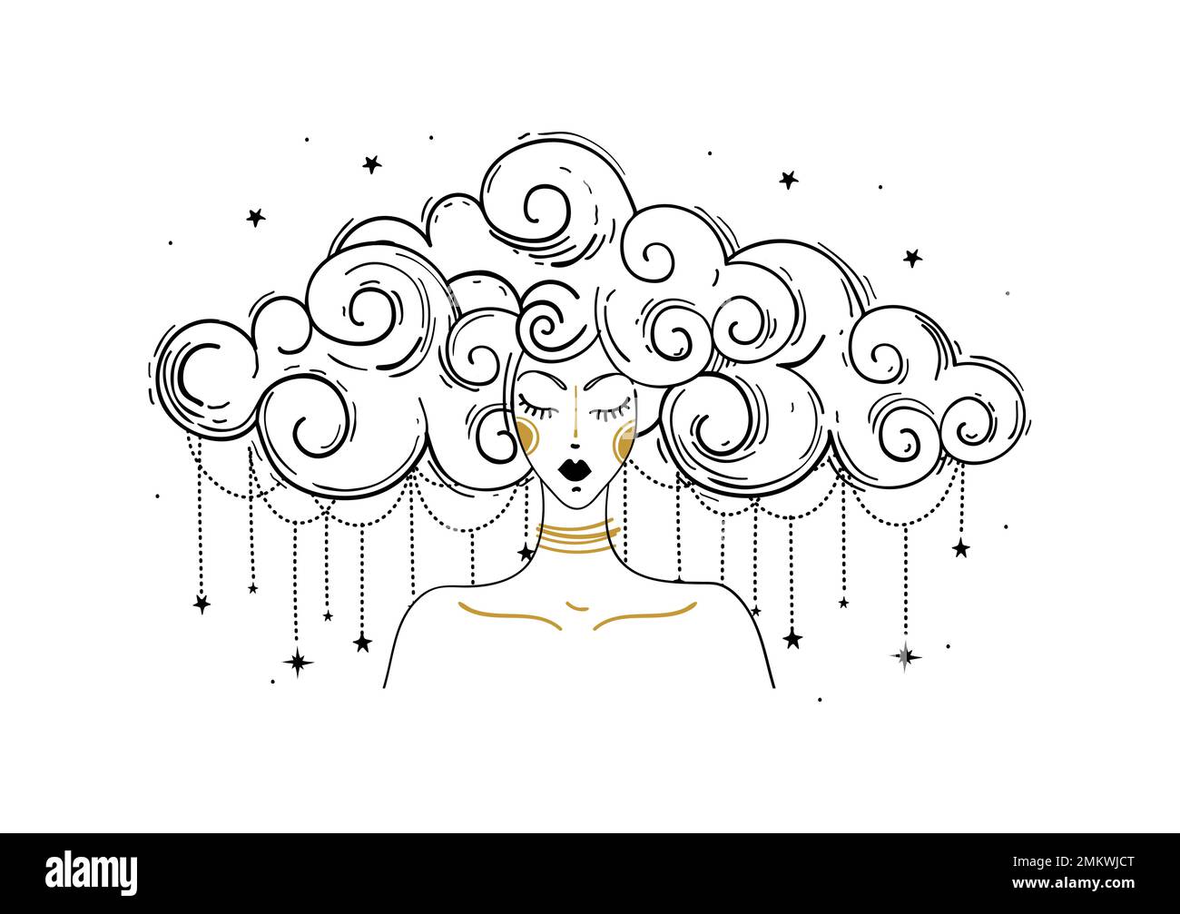Astrologie caractère femelle, tatouage ligne de sorcière, féminité sacrée, signe du zodiaque. Fille mystique avec des cheveux nuageux. Illustration vectorielle moderne isolée sur Illustration de Vecteur