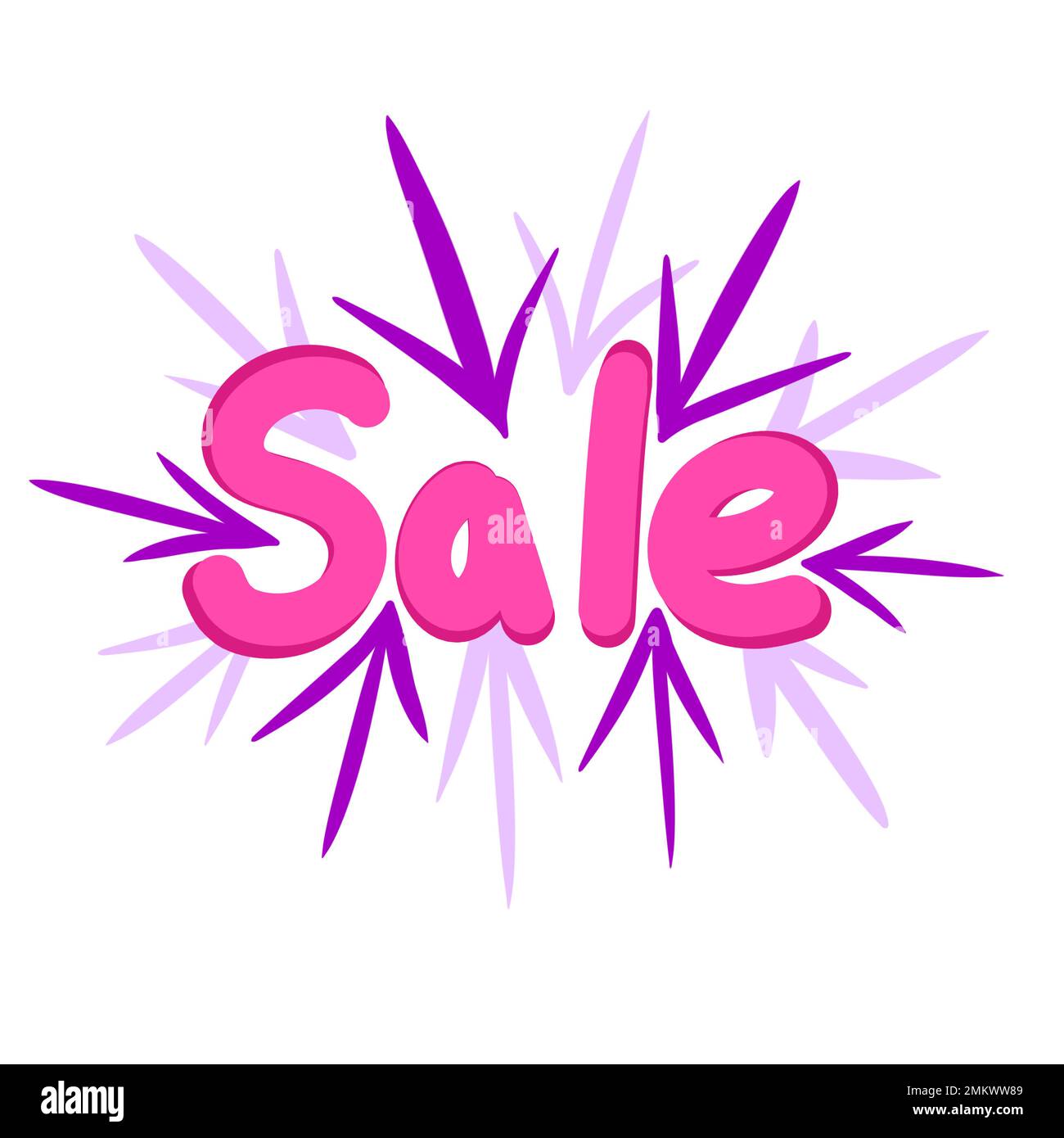 Illustration dessinée à la main des flèches de l'affiche de réduction commerciale rose violet. Autocollant publicitaire de marketing commercial dans les couleurs de style tendance, dessin décoratif de bckground Banque D'Images