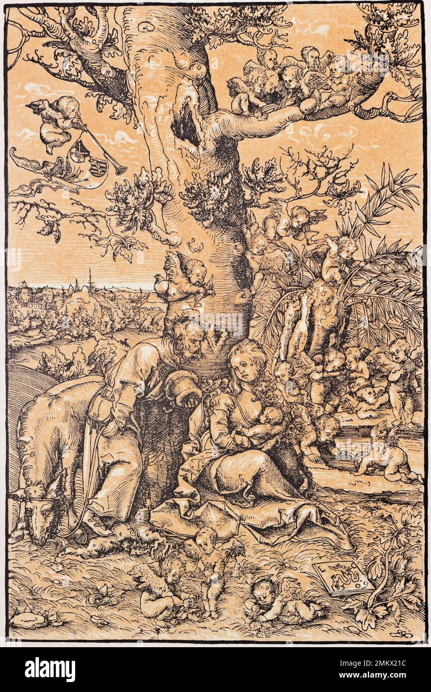 Le reste sur le vol vers l'Égypte. Xilografia dans chiaroscuro 1509. Lucas Cranach l'ancien, peintre et graveur célèbre Banque D'Images