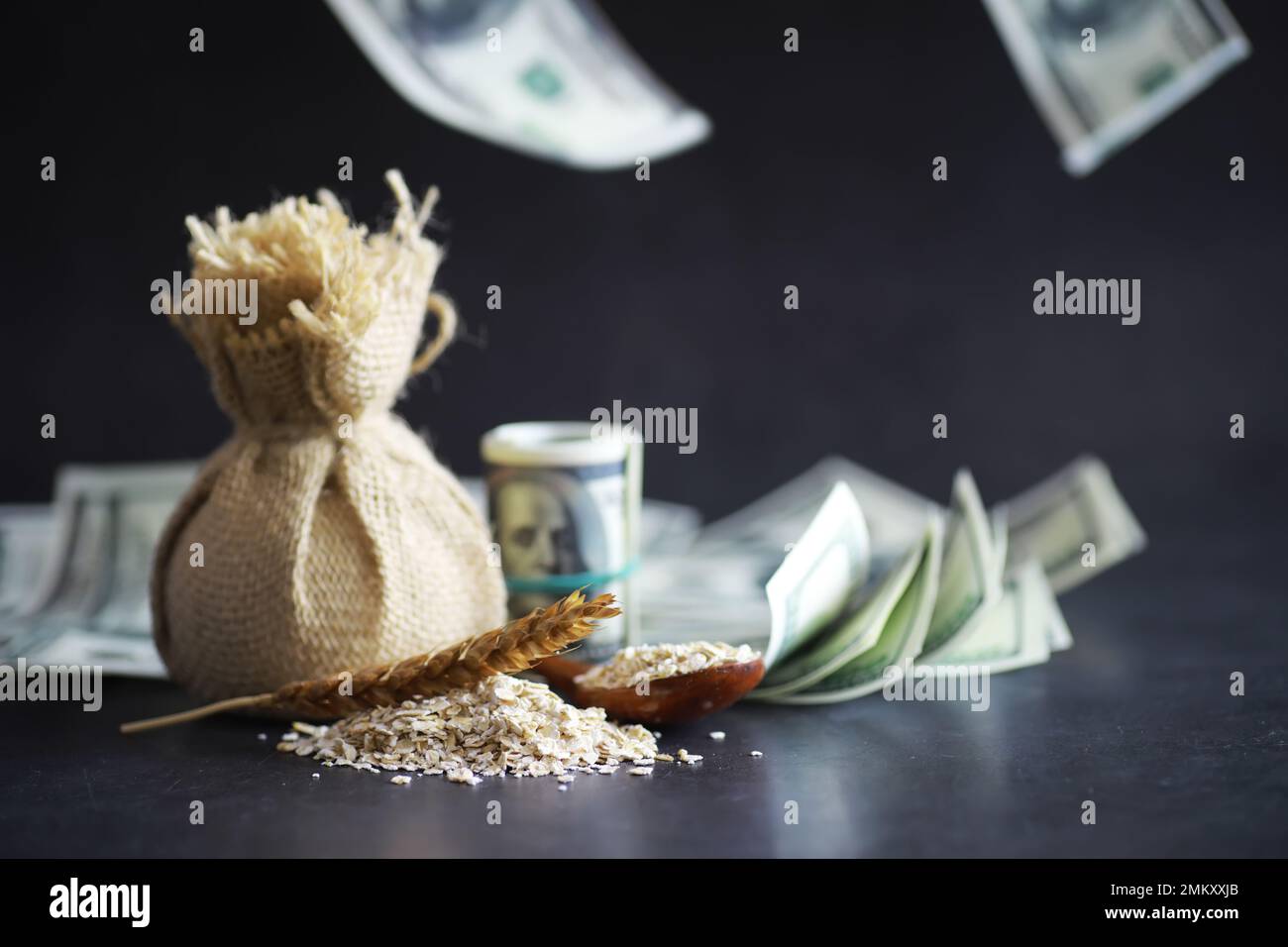 Le concept du coût du grain. 100 billets de banque autour d'une poignée de grain de terre. La faim dans le monde. Banque D'Images