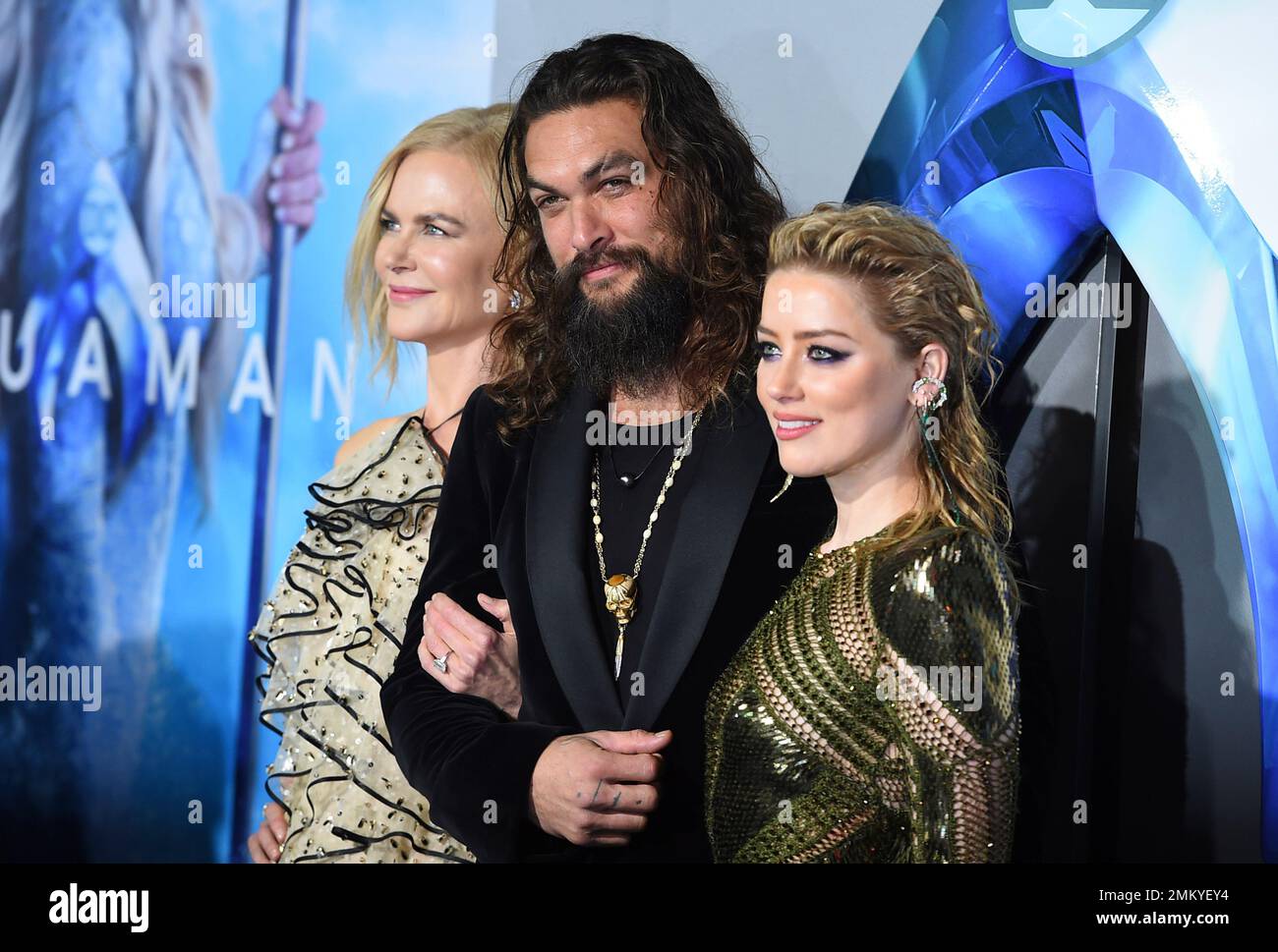Nicole Kidman, from left, Jason Momoa, and Amber Heard arrive at the premiere of "Aquaman" at TCL Chinese Theatre on Wednesday, Dec. 12, 2018, in Los Angeles. (Photo by Jordan Strauss/Invision/AP) Banque D'Images