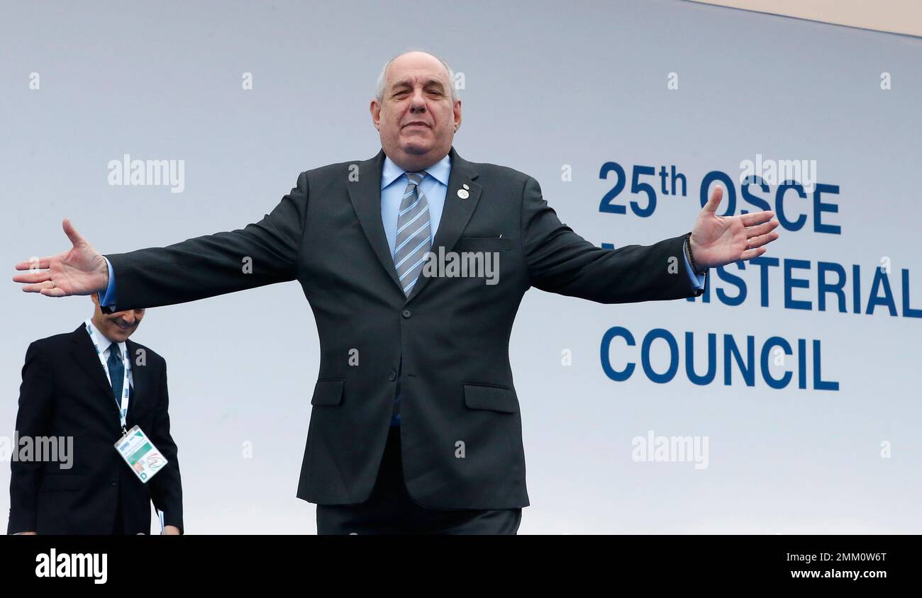 Greece's Deputy Minister of Foreign Affair Terens Spenser Nikolaos Quick arrives for the 25th Organization for Security and Co-operation in Europe, OSCE, ministerial council meeting, in Milan, Italy, Thursday, Dec. 6, 2018. (AP Photo/Antonio Calanni) Banque D'Images