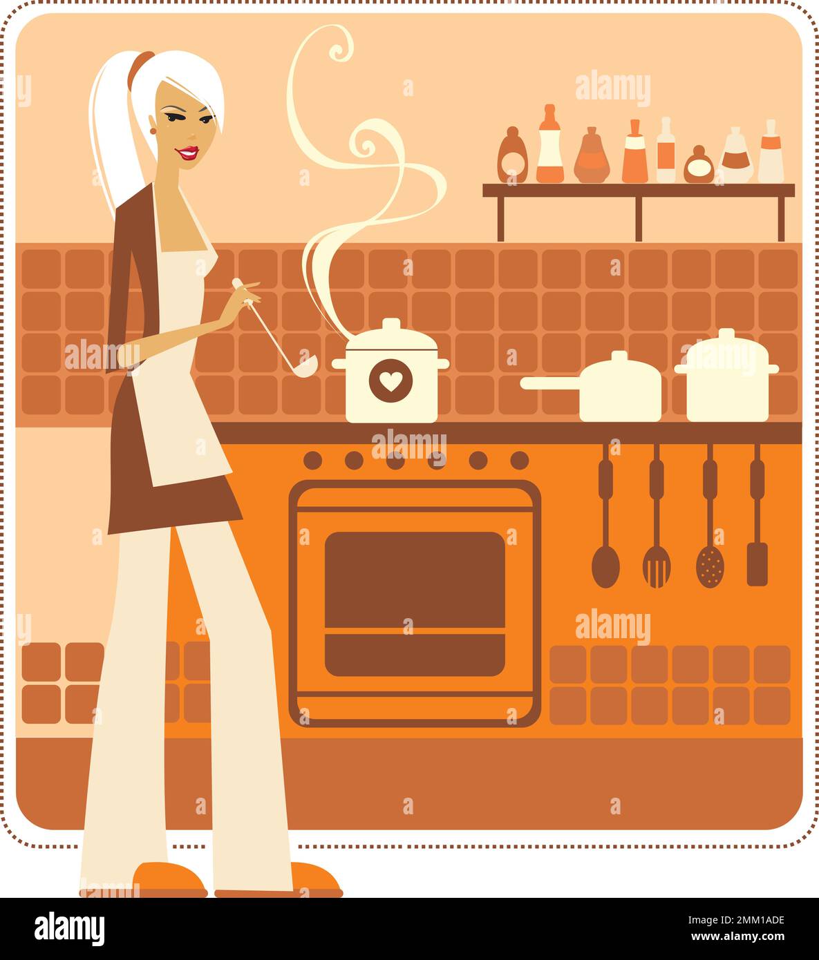 Une jeune femme qui cuisine. Cuisine intérieure. Caractère vectoriel plat Illustration de Vecteur