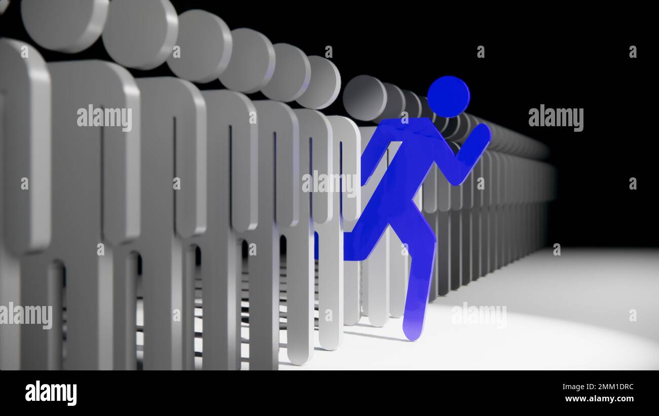 Figurine humaine 3D en bâton bleu se tenant à l'écart de l'illustration de la foule 3D Banque D'Images