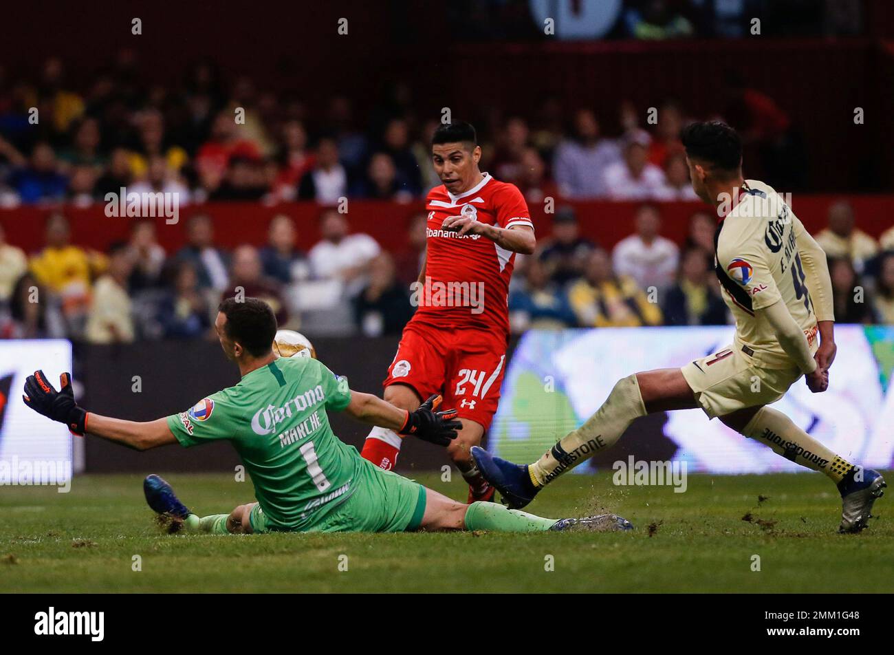 America's goalkeeper Agustin Marchesin, left, blocks with his chest a ball from Toluca's Pablo Barrientos, center, as America's Edson Alvarez tries to defend during a Mexico soccer league match in Mexico City, Sunday, Dec. 2, 2018. (AP Photo/Anthony Vazquez) Banque D'Images
